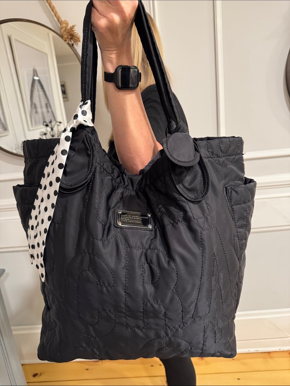 Marc Jacobs Bag Oversized Pretty Nylon Tate Embroidered Logo Black Quilted Tote - Picture 4 of 17